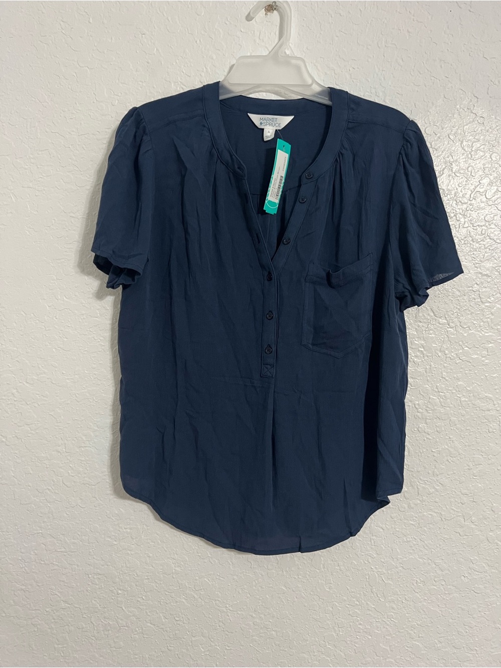NWT Market & Spruce Women Navy Short Sleeve Blouse Size L Button Down #209